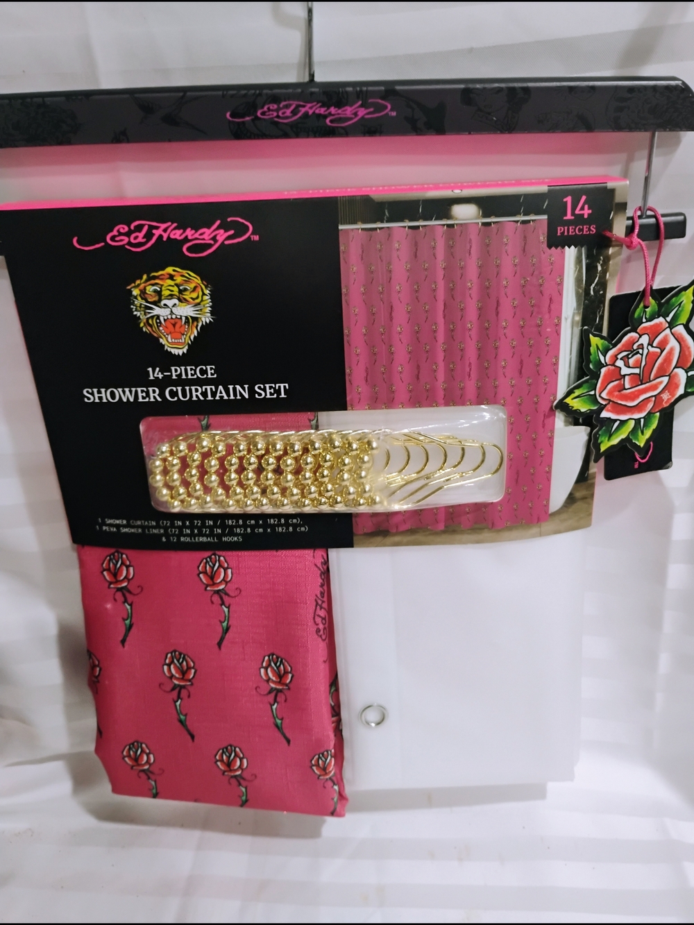 Ed Hardy Pink Rose Shower Curtain Set with Gold Rings